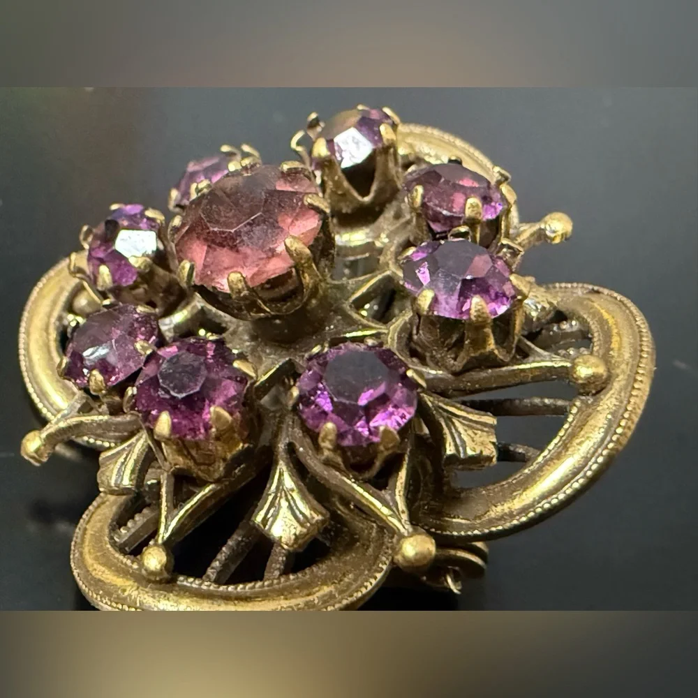 Vintage Coro Purple‎ Burgundy, Rhinestone Brooch Pin Jewelry  Signed Estate